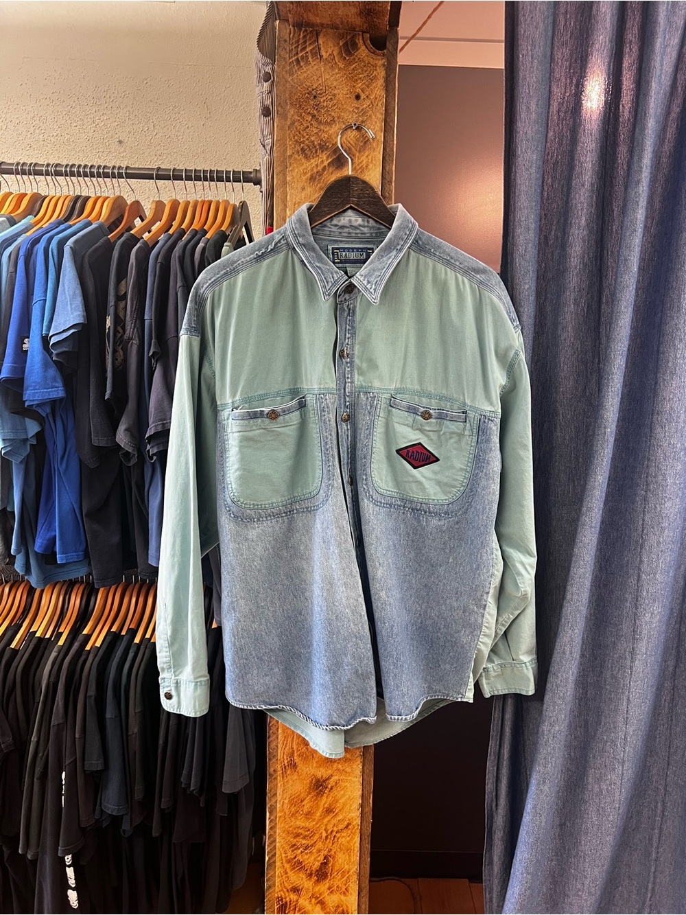 Vintage Radium Two-Tone Mint & Light Wash Denim Button Up Shirt